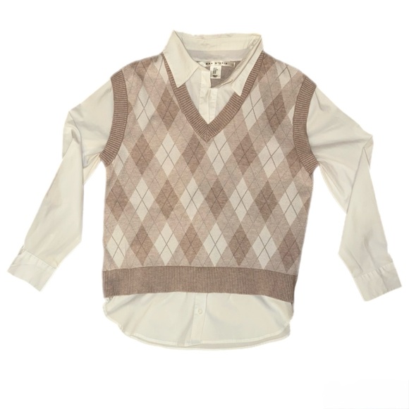 Argyle Sweater Vest and Shirt Set - White and Tan - Picture 1 of 5